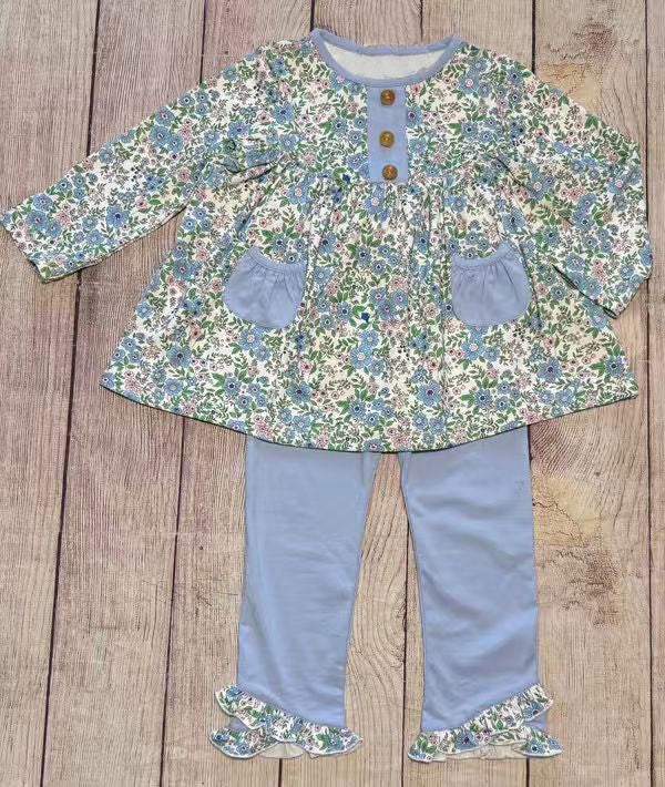 Baby Girls Pink Blue Floral Button Pockets Tunic Ruffle Leggings Clothes Sets Preorder