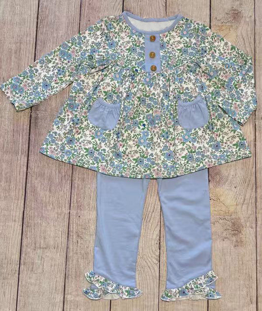 Baby Girls Pink Blue Floral Button Pockets Tunic Ruffle Leggings Clothes Sets Preorder