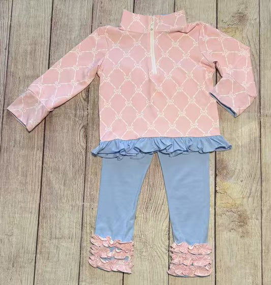 Baby Girls Pink Bows Checked Zipper Pullovers Ruffle Leggings Clothes Sets Preorder