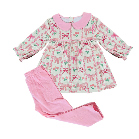 Baby Girls Pink Bows Flowers Stripe Tunic Leggings Clothes Sets Preorder