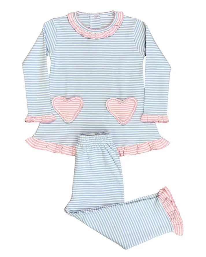 Baby Girls Blue Stripe Hearts Tunic Ruffle Pants Clothes Sets Preorder