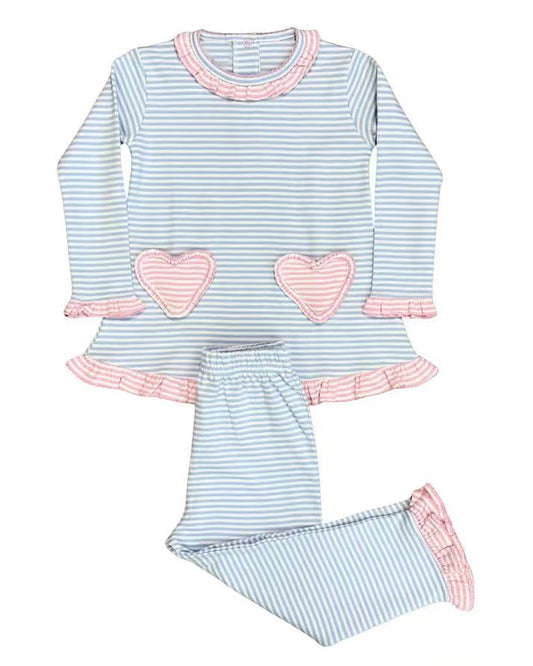 Baby Girls Blue Stripe Hearts Tunic Ruffle Pants Clothes Sets Preorder