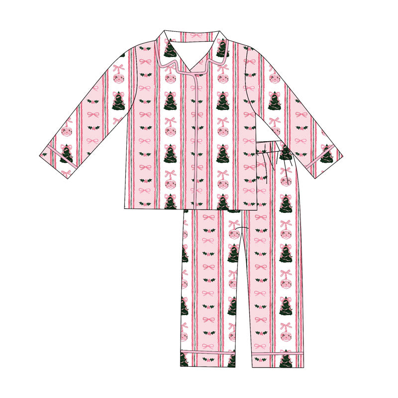 Adult Women Pink Bows Trees Holly Button Top Pants Christmas Pajamas Sets Preorder