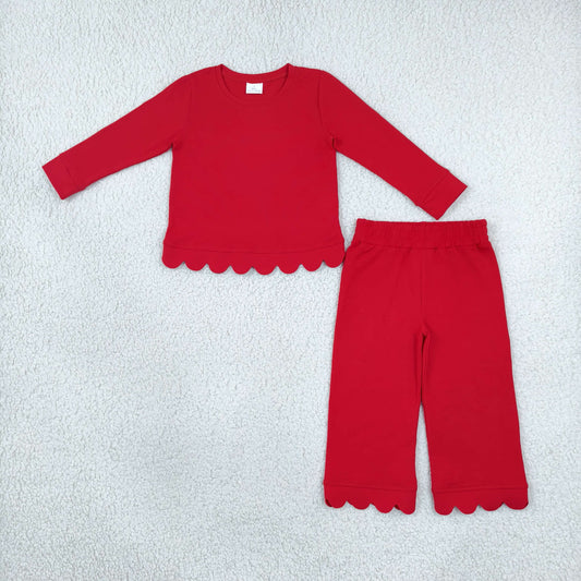 Baby Girls Red Long Sleeve Top Pockets Pants Scallop Clothes Sets