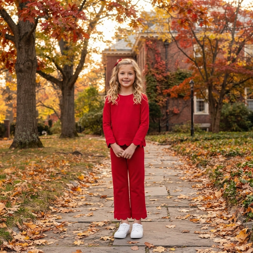 Baby Girls Red Long Sleeve Top Pockets Pants Scallop Clothes Sets