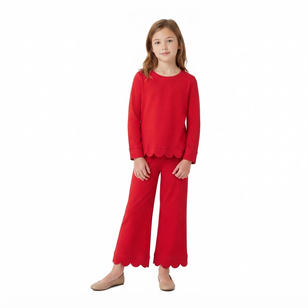 Baby Girls Red Long Sleeve Top Pockets Pants Scallop Clothes Sets