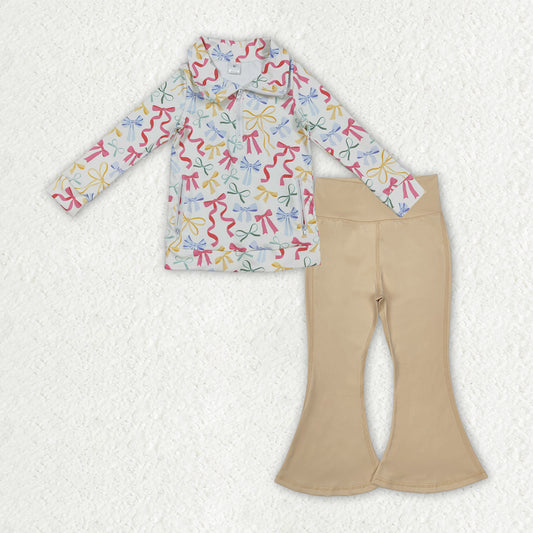 Baby Girls Colorful Bows Zip Pockets Pullover Khaki Bell Bottom Pants Yoga Active Clothes Sets