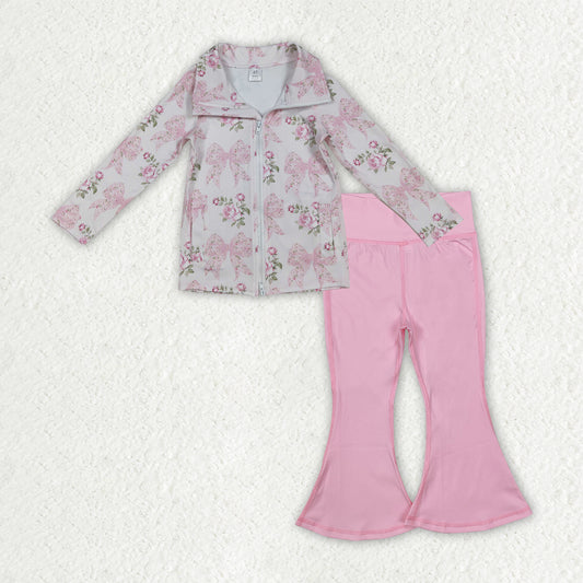 Baby Girls Pink Floral Bows Zip Pockets Pullover Bell Bottom Pants Yoga Active Clothes Sets