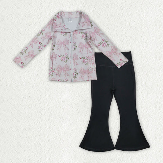Baby Girls Pink Floral Bows Zip Pockets Pullover Black Bell Bottom Pants Yoga Active Clothes Sets