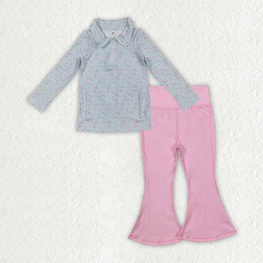 Baby Girls Flowers Zip Pockets Pullover Pink Bell Bottom Pants Yoga Active Clothes Sets