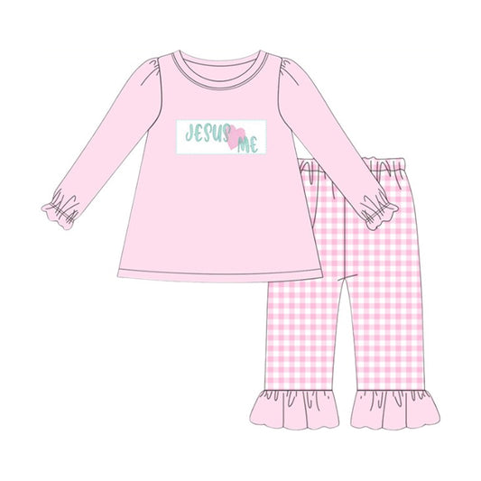 Baby Girls Pink Jesus Love Me Tunic Checked Ruffle Pants Clothes Sets Preorder