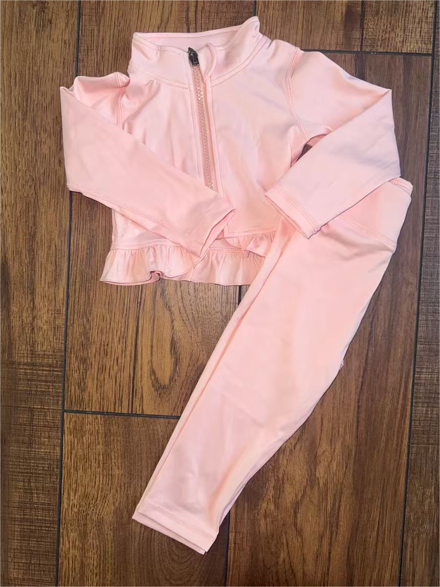 Baby Girls Pink Long Sleeve Zipper Jacket Leggings Yoga Clothes Sets Preorder
