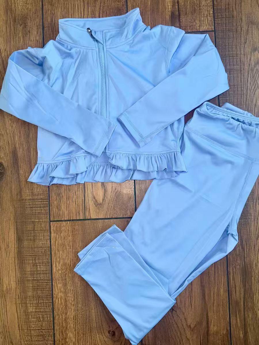 Baby Girls Blue Long Sleeve Zipper Jacket Leggings Yoga Clothes Sets Preorder
