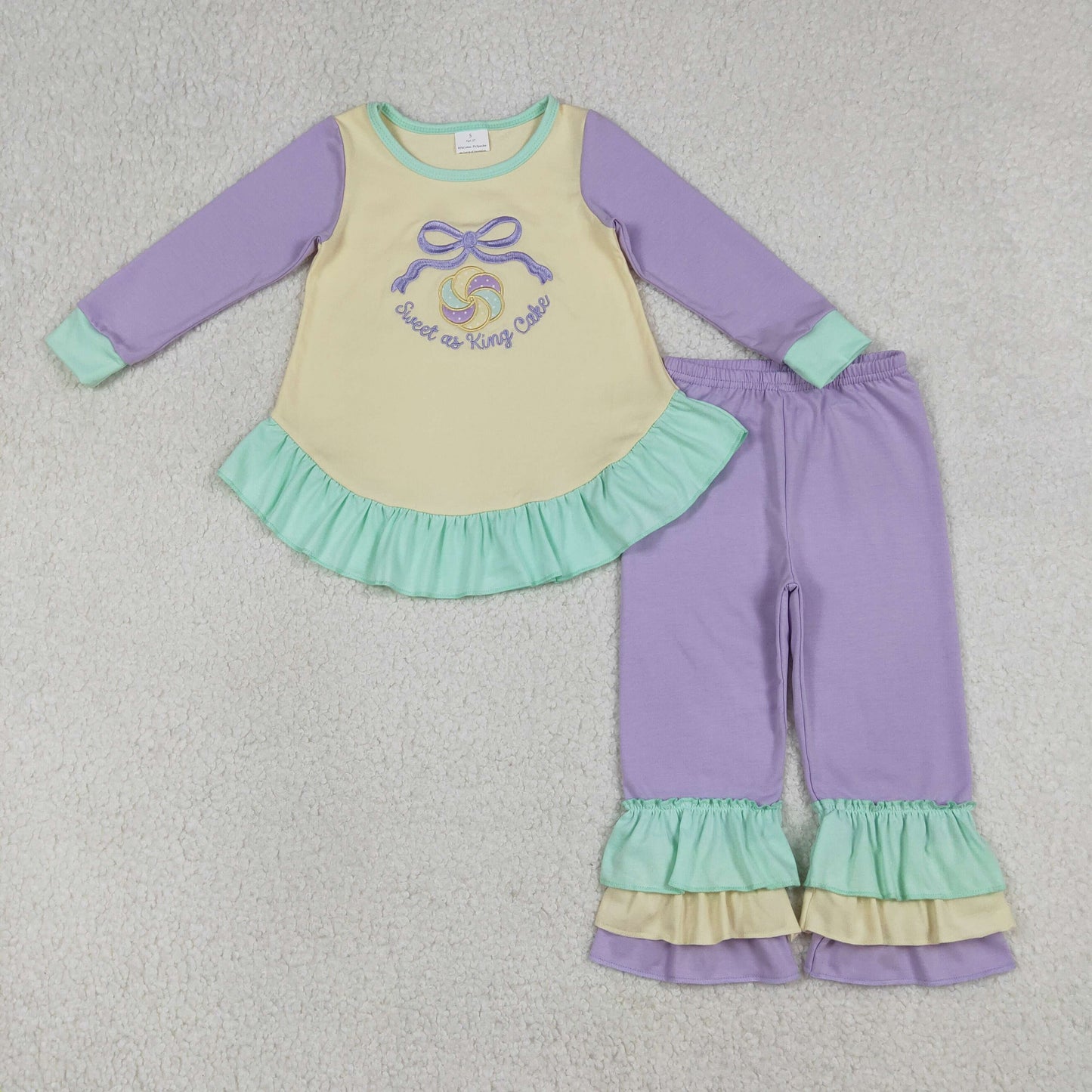 Sibling Baby Girls Embroidery Sweet as King Cake Ruffle Pants Mardigras Set Rompers