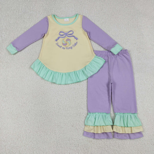 Sibling Baby Girls Embroidery Sweet as King Cake Ruffle Pants Mardigras Set Rompers