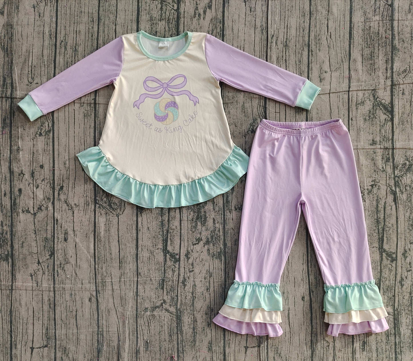 Baby Girls Lavender Mardigras Donuts Bows Top Ruffle Pants Clothes Sets Preorder