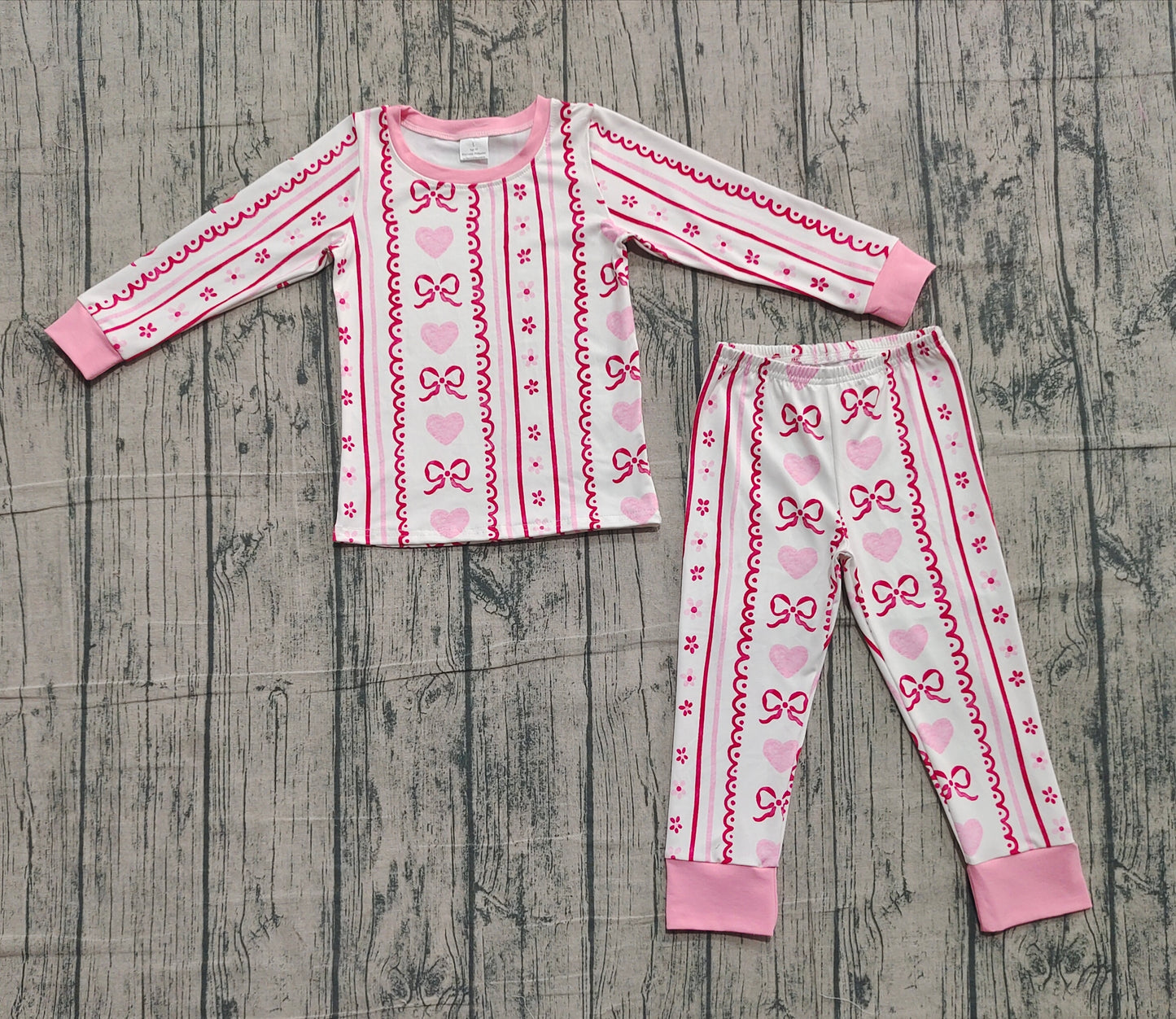 Baby Girls Pink Bows Hearts Stripe Top Pant Valentine Pajamas Sets