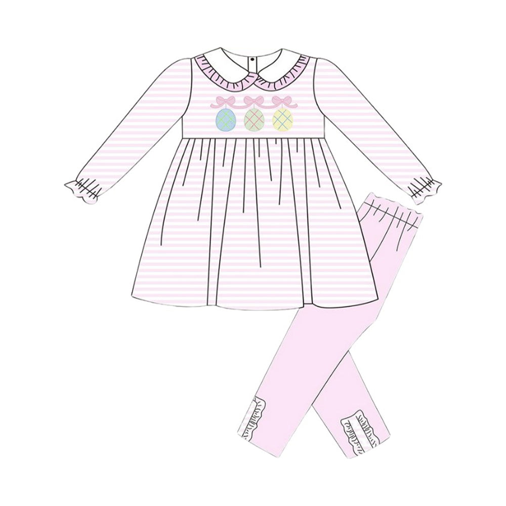 Baby Girls Pink Stripe Bows Eggs Collar Tunic Leggings Easter Clothes Sets Preorder