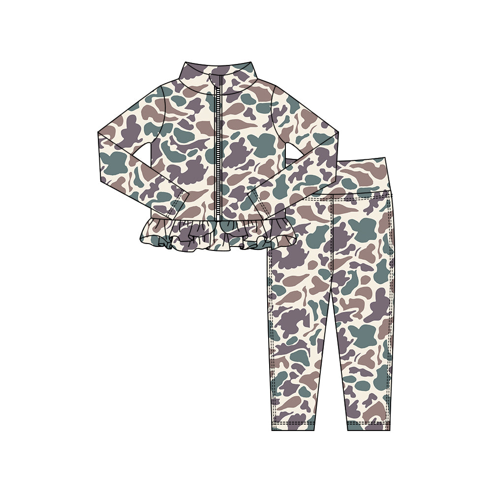 Baby Girls Grey Camo Zipper Jackets Ruffle Top Leggings Yoga Clothes Sets Preorder