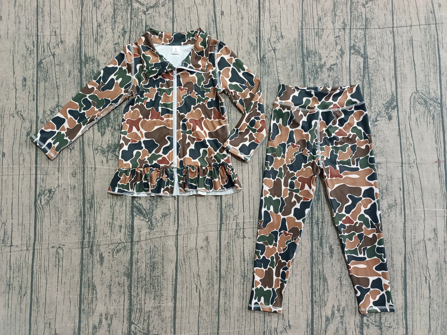 Baby Girls Dark Brown Camo Ruffle Zip Jacket Leggings Yoga Active Clothes Sets