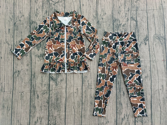 Baby Girls Dark Brown Camo Zipper Jackets Ruffle Top Leggings Yoga Clothes Sets Preorder