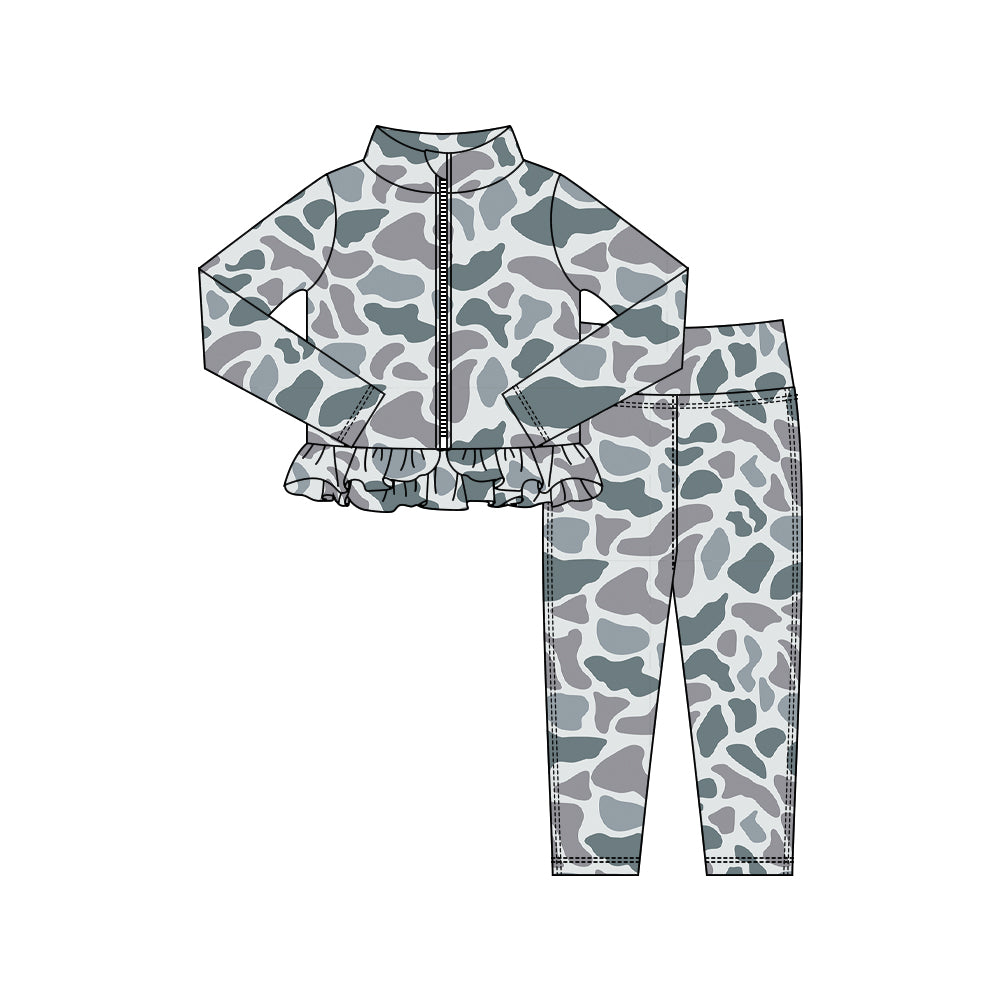 Baby Girls Grey Camo Zipper Jackets Ruffle Top Leggings Yoga Clothes Sets Preorder