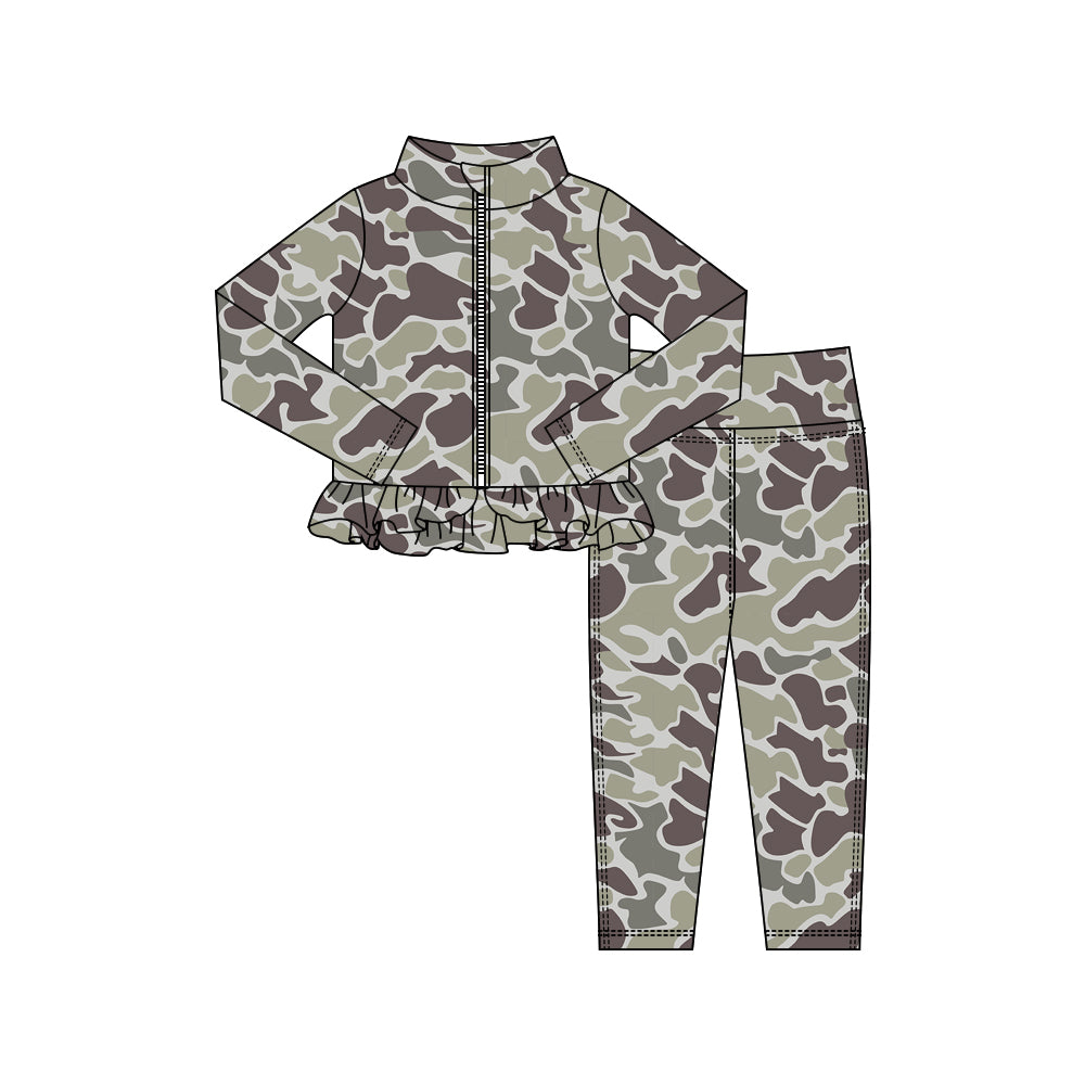 Baby Girls Brown Camo Zipper Jackets Ruffle Top Leggings Yoga Clothes Sets Preorder