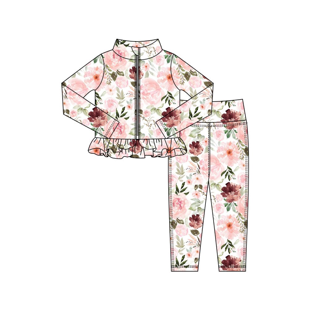 Baby Girls Pink Flowers Zipper Jackets Ruffle Top Leggings Yoga Clothes Sets Preorder