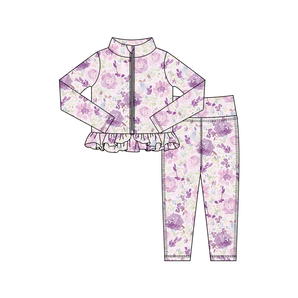 Baby Girls Lavender Flowers Zipper Jackets Ruffle Top Leggings Yoga Clothes Sets Preorder
