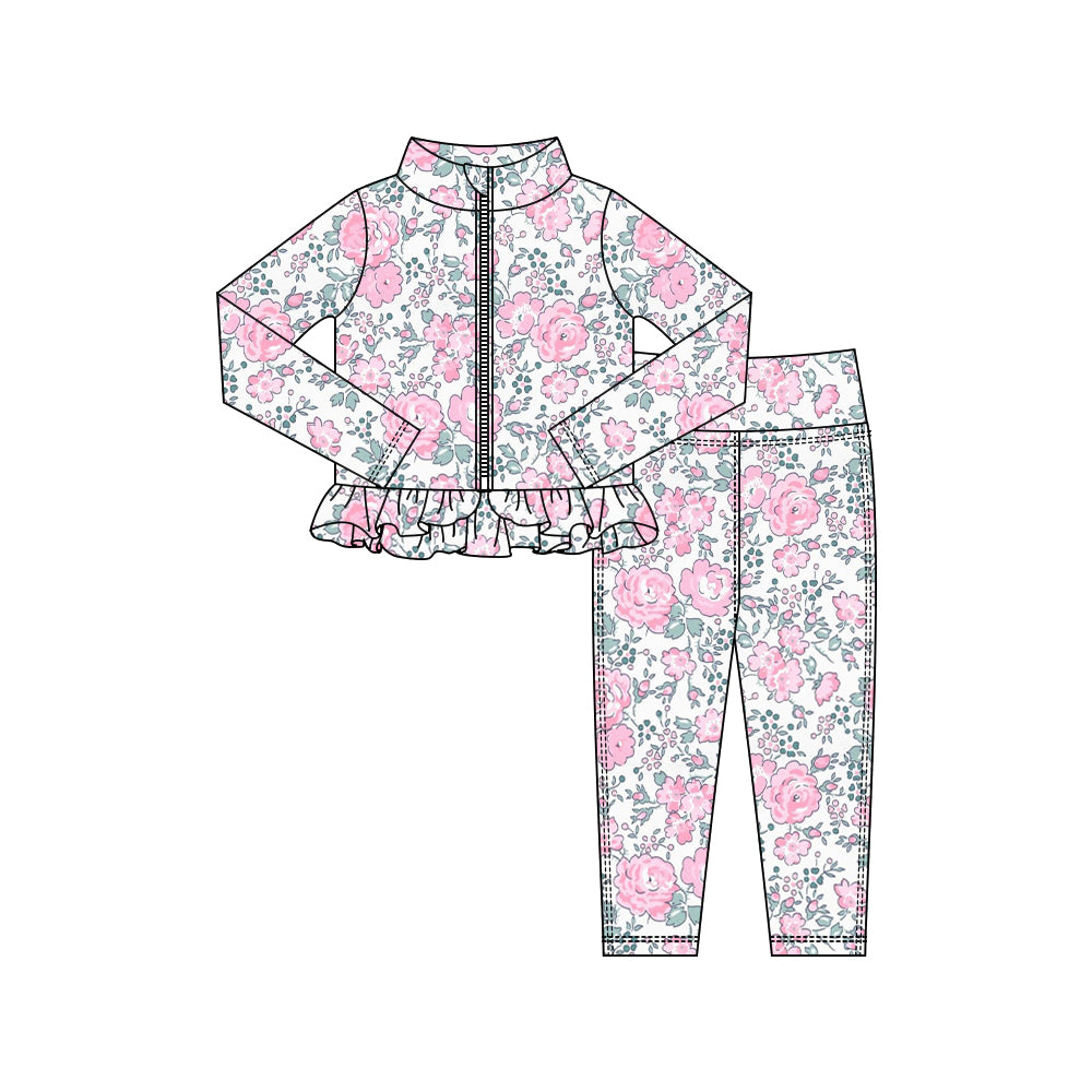 Baby Girls Pink Flowers Zipper Jackets Ruffle Top Leggings Yoga Clothes Sets Preorder
