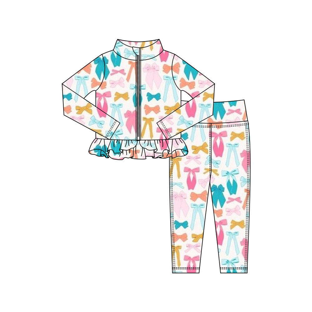 Baby Girls Colorful Bows Plaid Zipper Jackets Ruffle Top Leggings Yoga Clothes Sets Preorder