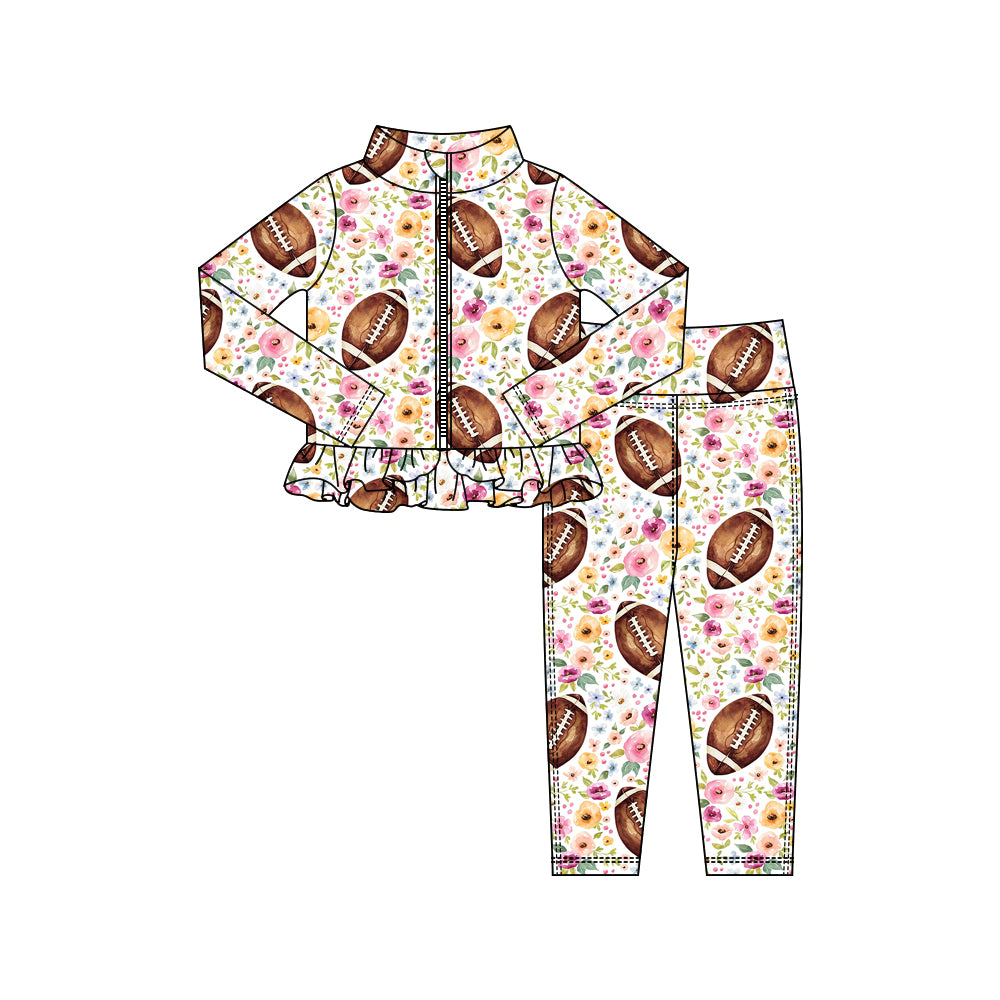 Baby Girls Flowers Footballs Zipper Jackets Ruffle Top Leggings Yoga Clothes Sets Preorder