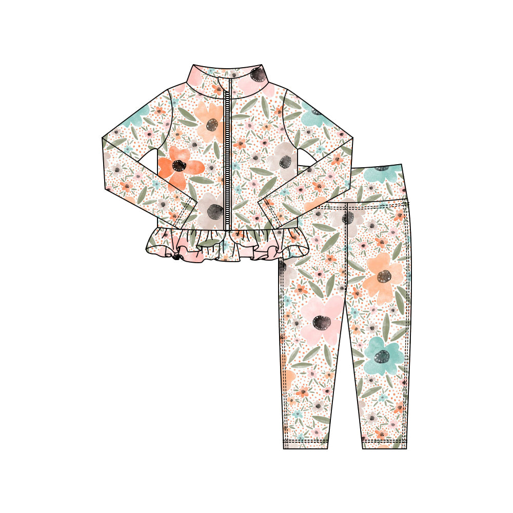 Baby Girls Pink Blue Flowers Zipper Jackets Ruffle Top Leggings Yoga Clothes Sets Preorder