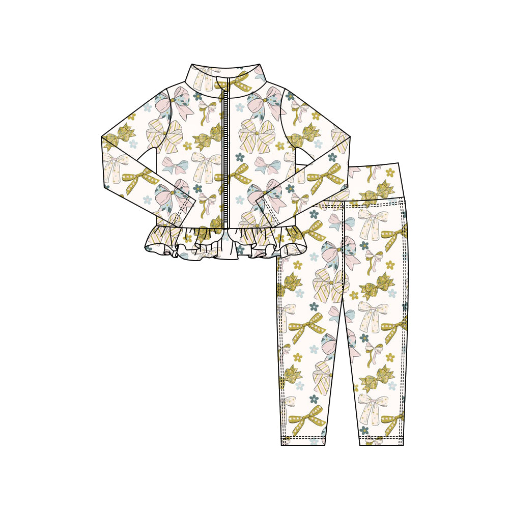 Baby Girls Bows Flowers Zipper Jackets Ruffle Top Leggings Yoga Clothes Sets Preorder