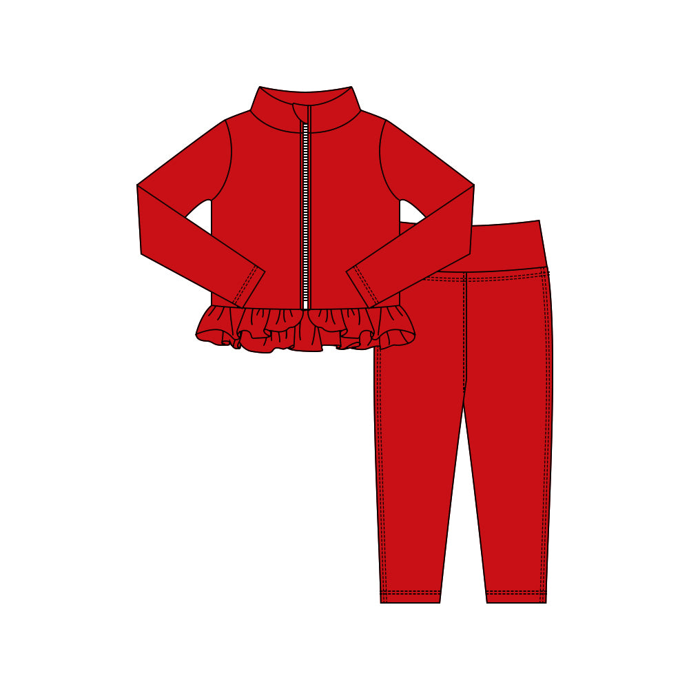 Baby Girls Red Zipper Jackets Ruffle Top Leggings Yoga Clothes Sets Preorder