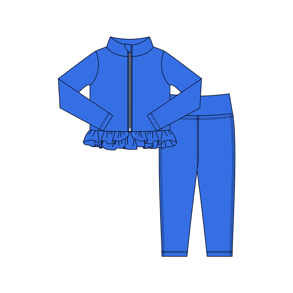 Baby Girls Hot Blue Zipper Jackets Ruffle Top Leggings Yoga Clothes Sets Preorder