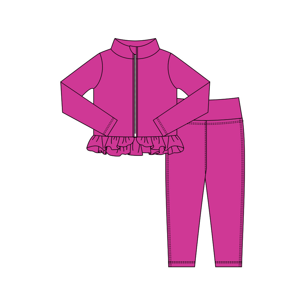 Baby Girls Hot Pink Zipper Jackets Ruffle Top Leggings Yoga Clothes Sets Preorder