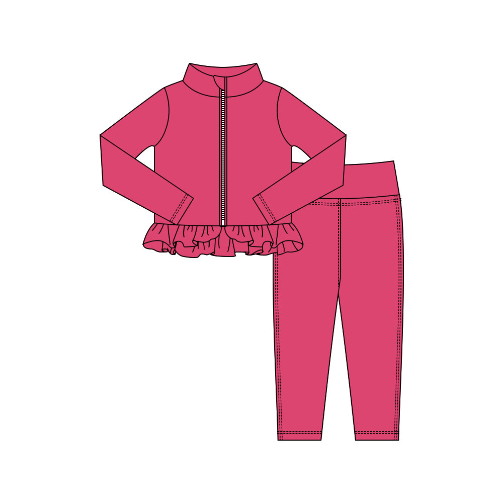 Baby Girls Watermelon Red Zipper Jackets Ruffle Top Leggings Yoga Clothes Sets Preorder