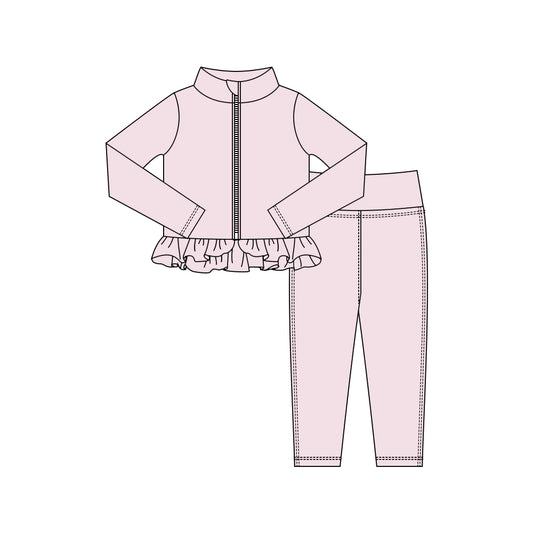 Baby Girls Light Pink Zipper Jackets Ruffle Top Leggings Yoga Clothes Sets Preorder