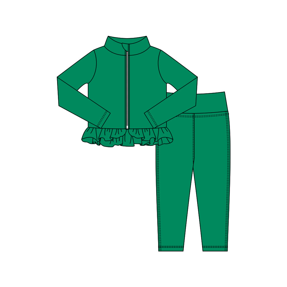 Baby Girls Green Zipper Jackets Ruffle Top Leggings Yoga Clothes Sets Preorder