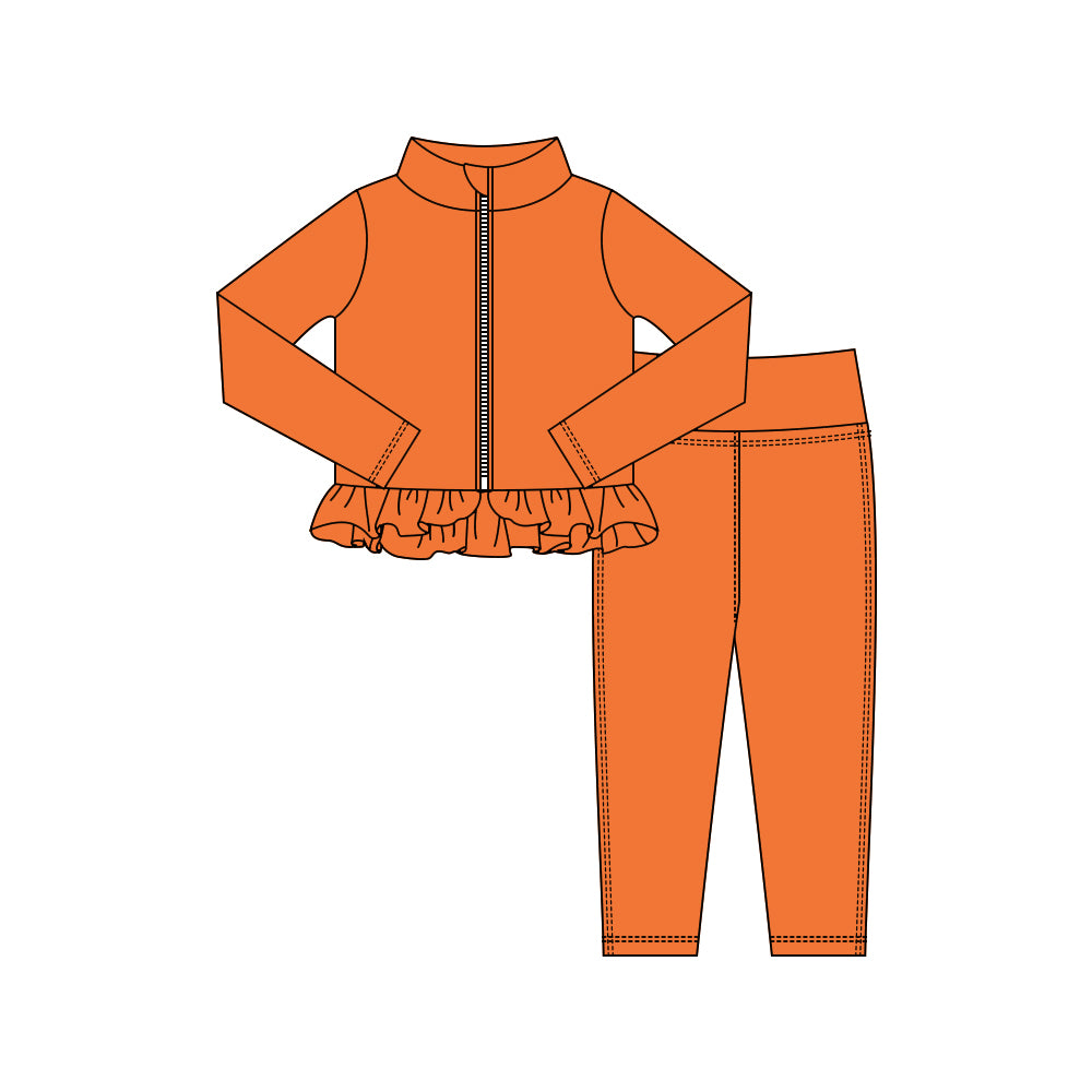 Baby Girls Orange Zipper Jackets Ruffle Top Leggings Yoga Clothes Sets Preorder