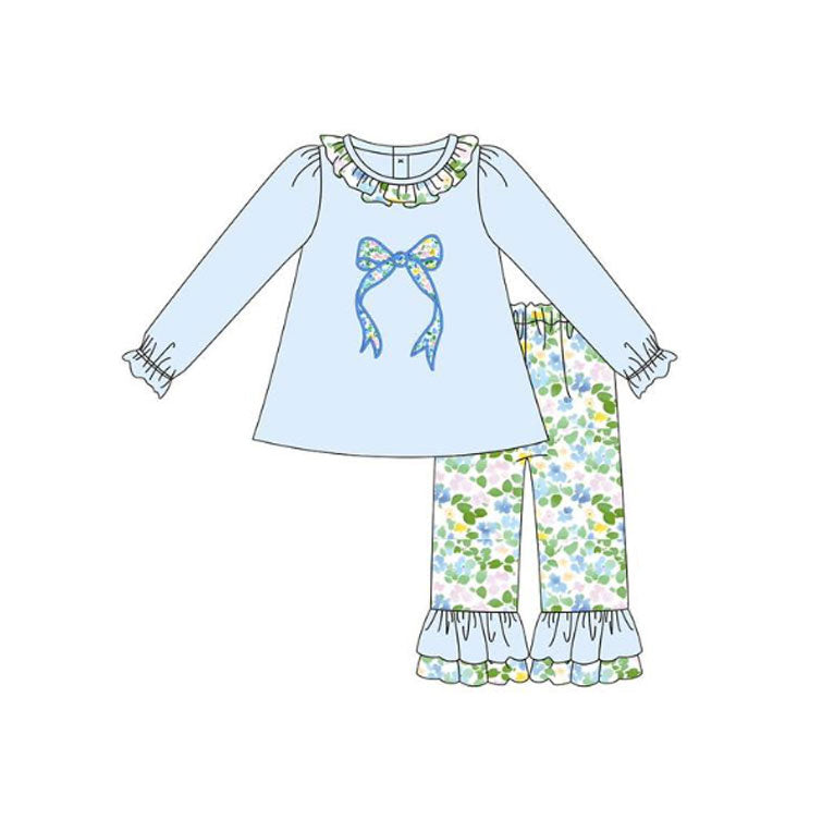 Baby Girls Floral Bows Collar Tunic Ruffle Pants Clothes Sets Preorder