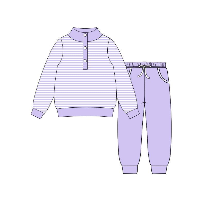 Baby Girls Lavender Stripe Button Top Pockets Jogger Clothes Sets Preorder