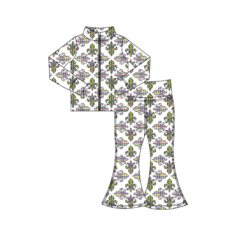 Baby Girls Mardigras Anchors Plaid Zipper Jacket Bell Bottom Pants Yoga Clothes Sets Preorder