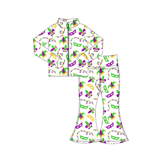 Baby Girls Mardigras Anchors Masks Zipper Jacket Bell Bottom Pants Yoga Clothes Sets Preorder