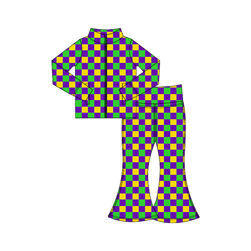 Baby Girls Mardigras Checked Zipper Jacket Bell Bottom Pants Yoga Clothes Sets Preorder