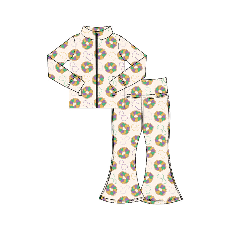 Baby Girls Mardigras Donuts Lights Zipper Jacket Bell Bottom Pants Yoga Clothes Sets Preorder