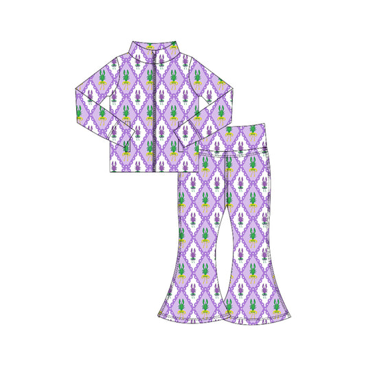 Baby Girls Mardigras Crayfishes Checked Zipper Jacket Bell Bottom Pants Yoga Clothes Sets Preorder