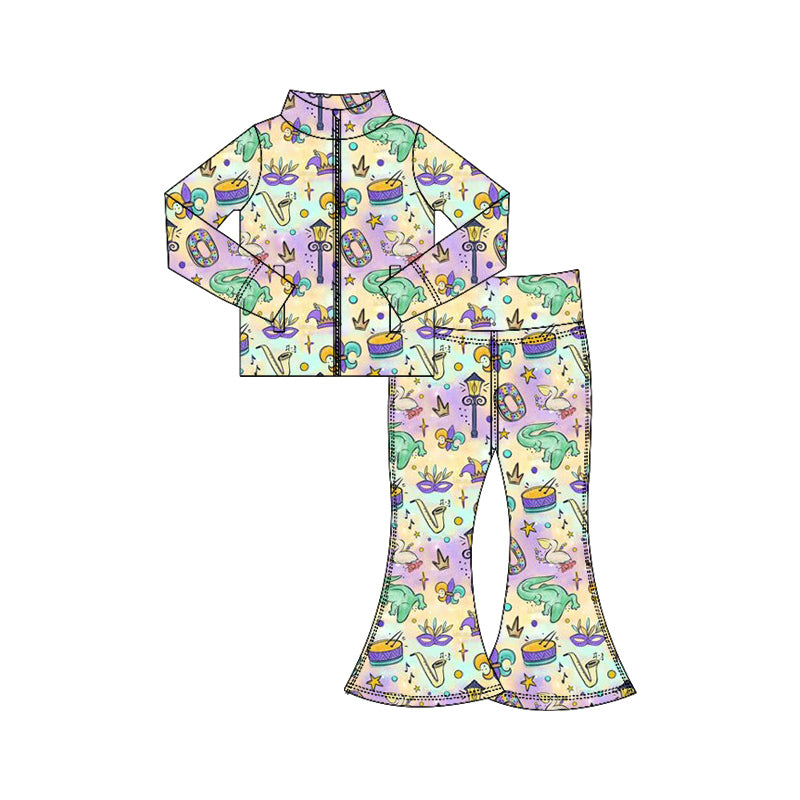 Baby Girls Mardigras Anchors Crocodiles Zipper Jacket Bell Bottom Pants Yoga Clothes Sets Preorder