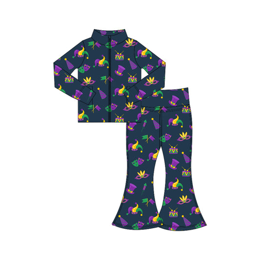 Baby Girls Mardigras Anchors Masks Zipper Jacket Bell Bottom Pants Yoga Clothes Sets Preorder